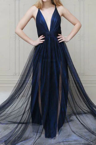 Robe de soirée longue à volants fendue et décolleté en V profond bleu marine foncé