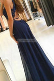 Dark Navy Halter Lace Slit Open Back Evening Long Prom Dress Dresses