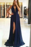 Dark Navy Halter Lace Slit Open Back Evening Long Prom Dress Dresses