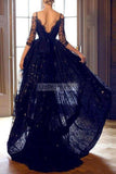 Dark Navy High Low Off The Shoulder Rhinestone Lace Satin Evening Prom Dress Dresses