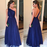 Dark Navy One Shoulder A-line Backless Prom Evening Dress