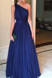 Dark Navy One Shoulder A-line Backless Prom Evening Dress