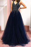 Robe de bal longue de soirée en tulle perlé à col en V bleu marine foncé