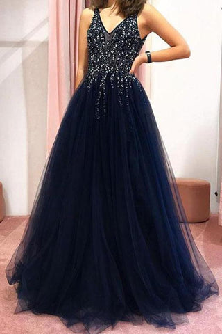 Robe de bal longue de soirée en tulle perlé à col en V bleu marine foncé