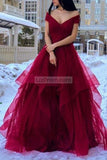 Elegant Burgundy Off-The-Shoulder Tulle A-Line Prom Dress Dresses