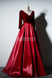 Burgundy Velvet V-neck Ball Gown Train Evening Dress