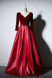 Burgundy Velvet V-neck Ball Gown Train Evening Dress