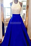 Elegant Satin Beaded Halter A-Line Open Back Prom Dress Dresses