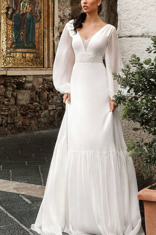 Elegant White Long Sleeves V-neck Lace A-line Prom Dress