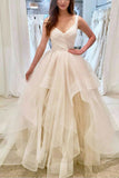 Elegant Ivory V-neck Sleeveless Ruffled Evening Long Ball Gown.