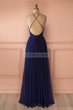 Dark Navy V-neck Spaghetti Straps Prom Evening Dress.