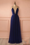 Dark Navy V-neck Spaghetti Straps Prom Evening Dress.