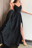 Full Length Black Spaghetti Straps Side Split Evening Gown Prom Dress