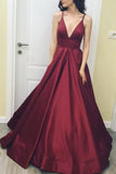 Burgundy Deep V-neck Spaghetti Straps A Line Prom Ball Gown.