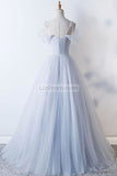 Full Length Light Sky Blue Tulle Off Shoulder Prom Gown Formal Dress