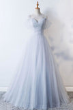 Full Length Light Sky Blue Tulle Off Shoulder Prom Gown Formal Dress