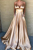 Gold V-neck Spaghetti Straps A-line Ruffled Evening Prom Dress