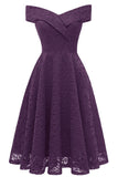 Purple Off-the-shoulder Lace Midi Prom Dress - Mislish