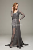 Gray V-neck Beaded Lace Prom Wedding Dress With Long Sleeves