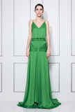 Green V-neck Spaghetti Strap Ruffled Long Prom Dress