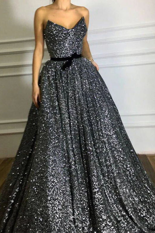 Grey Sequined Sweetheart Strapless Belt A-line Evening Prom Dress