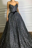 Grey Sequined Sweetheart Strapless Belt A-line Evening Prom Dress