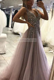 Grey Sexy Deep V-Neck High Split Tulle Beaded Evening Prom Dress Dresses