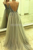 Grey Sexy Deep V-Neck High Split Tulle Beaded Evening Prom Dress Dresses