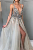 Grey Sexy Deep V-Neck High Split Tulle Beaded Evening Prom Dress Dresses