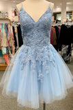 Light Blue V-neck Spaghetti-straps Homecoming Dress