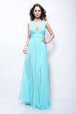 Light Sky Blue Deep V-neck Chiffon Prom Formal Dress