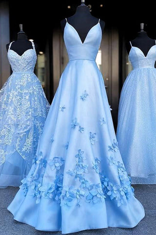 Light Sky Blue V-neck Spaghetti Straps Ball Gown