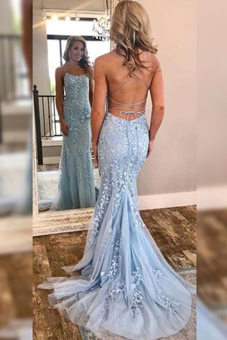 Light Sky Blue Applique Mermaid Evening Prom Dress