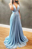 Light Sky Blue Cut Out Low V-neck Prom Evening Dress