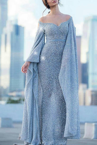 Robe de bal sirène à paillettes bleu ciel clair, manches longues, épaules dénudées