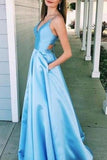 Light Sky Blue V-neck Satin Cut Out A-line Ball Gown