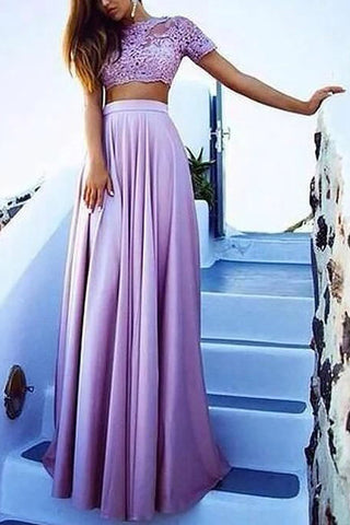 Robe de bal lilas trapèze deux pièces à manches courtes en dentelle satinée mate