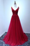 Long Red Beaded V-Neck Tulle A-Line Prom Gown Evening Dress