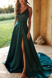 Long V-Neck A-Line High Split Evening Gown Prom Dresses