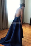 Low V-neck Backless A-line Navy Blue Prom Dress