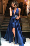 Low V-neck Backless A-line Navy Blue Prom Dress