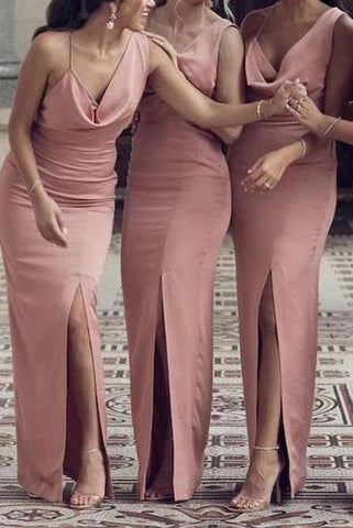 Blushing Pink Cowl Spaghetti Straps Mermaid Front Slit Bridesmaid Dress