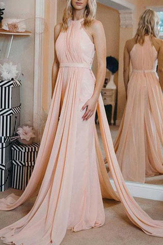 Pearl Pink Halter Chiffon Closed Sleeveless Ruffled Evening Prom Dress