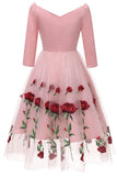 Pink A-line Embroidered Prom Dress With Long Sleeves