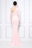 Pink One Sleeve V-neck Mermaid Long Prom Dress