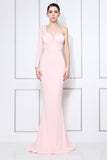 Pink One Sleeve V-neck Mermaid Long Prom Dress