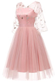 Pink V-neck A-line Applique Prom Dress With Long Sleeves