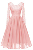 Pink V-neck Lace A-line Prom Dress With Long Sleeves