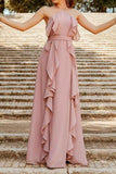 Pink A-line Floor Ruffles Bridesmaids Evening Dress