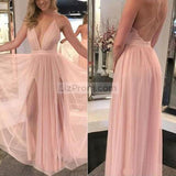 Pink Low V-neck Tulle A-line Evening Dress With Spaghetti Straps